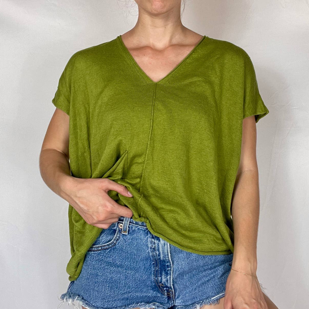 Eileen Fisher Green Oversized Knit V-Neck Blouse